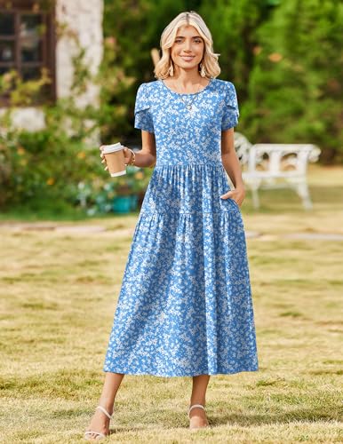 Image of Zeagoo Summer Dresses for Women 2026 Maxi Bohemian Floral Short Sleeve Long Dress Casual Flowy Tired Beach Sundress