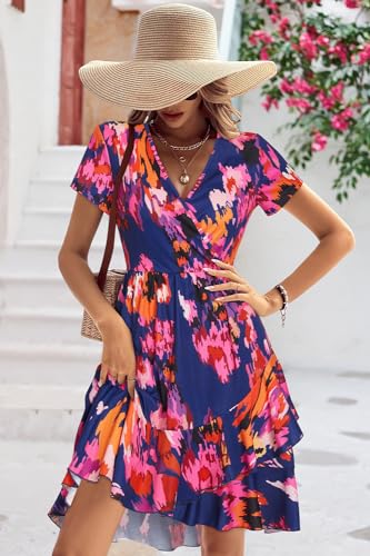 Image of ULTRANICE Womens Summer Dresses Floral V Neck Ruffled Hem Spaghetti Spring Casual Beach Outfits Flowy Wrap Sun Dress