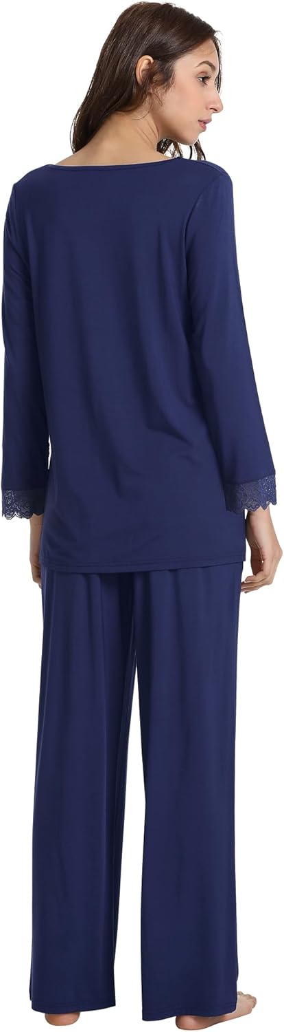 WiWi Bamboo Viscose Pajamas Sets for Women Lace Trim Long Sleeve Sleepwear Lounge Sets Plus Size Pjs with pockets S-4X - Image 3
