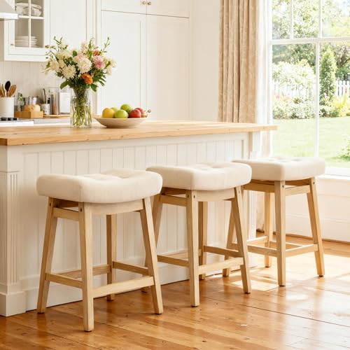 RNKSFX Counter Height Bar Stools Set of 3 for Kitchen Counter, Backless Farmhouse Kitchen Island Barstools with Upholstered Fabric Saddle Seat and Solid Wood Legs Modern 24 inch Bar Chairs, Khaki
