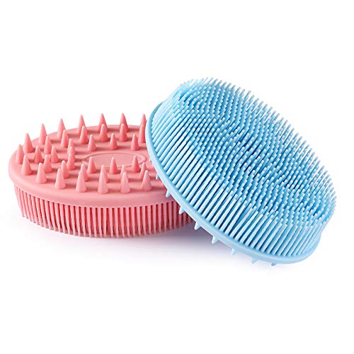 2pcs Silicone Body Scrubber and Hair Shampoo Brush, Exfoliating Body Brush,Premium Silicone Loofah,Shower Scrubber for Body, Scalp Massager for Women, Men, Pet (Pink&Blue)