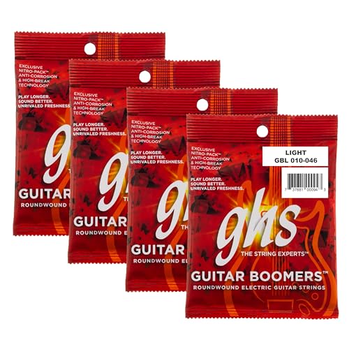 Image of GHS Boomers Electric Guitar Strings - Nickel-Plated Steel - Bright, Balanced, Long-Lasting Tone - Smooth Feel & Stable Tuning - USA Made - Light Gauge 10-46 (GBL SET) - 4 Pack