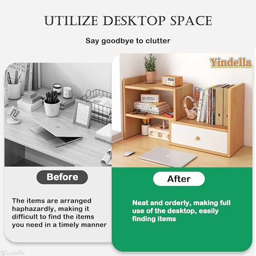 Image of Yindella Multi-Functional Desktop Bookshelf Organizer, Wooden Storage Shelf, Adjustable Office Desk Organizer for Books, Stationery, Space-Saving Home & Office (Desk Bookshelf-01)