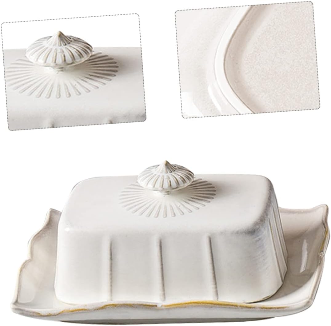 1Set Ceramic Butter Dish with Lid Rectangular Retro Style Butter Tray for Kitchen and Dining Airtight Covered Butter Container for Butter Cheese and Desserts and Easy to Clean White