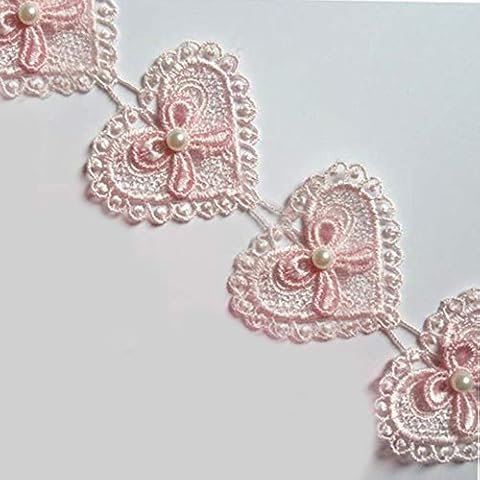 2 Yards Heart Bow Pearl Lace Edge Trim Ribbon 5.2 cm Width Vintage Style Pink Edging Trimmings Fabric Embroidered Applique Sewing Craft Wedding Dress Embellishment DIY Cards Hats Clothes Embroidery Cover