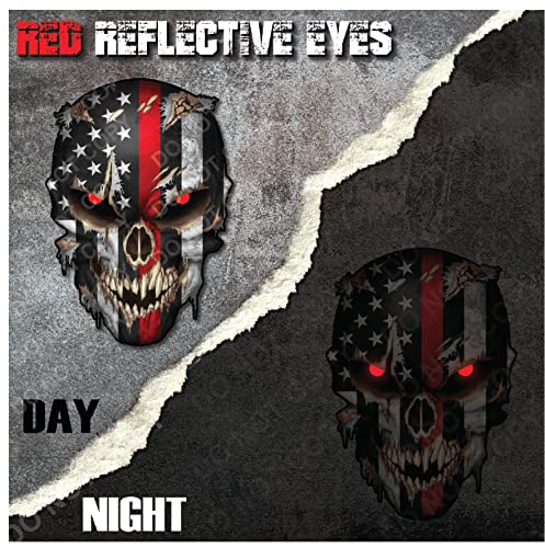 Image of Thin Red Line Firefighter Skull Decal Sticker with Reflective red Eyes for Cars Trucks Window Windshield Graphic Glass Bumper Vinyl - Safe for Vehicle Paint