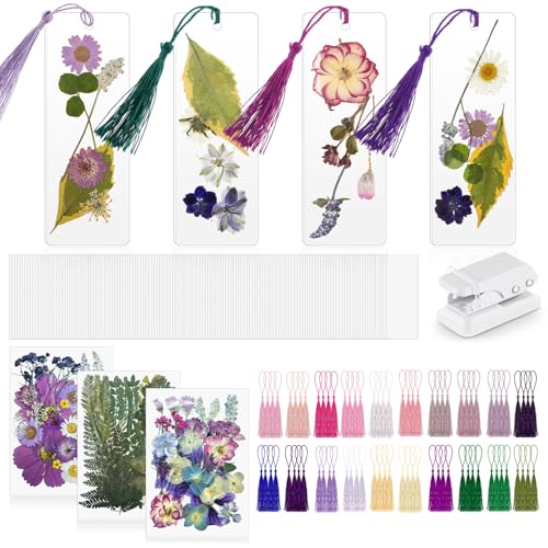 Fuyoooo 376 Pcs Dried Flower Bookmark Making Kit, 150 DIY Bookmark Laminating Pouches with 150 Tassels and Puncher DIY Project Gifts for Mother's Day Women Book Lovers(2 x 6 Inch,Purple)
