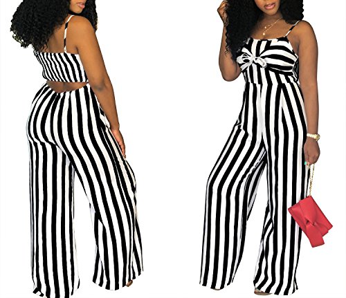 SheKiss Women's Sexy Spaghetti Strap Striped Tie Bowknot Long Pants Palazzo Jumpsuits Rompers Ladies Outfits Black