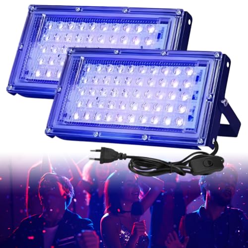 DASIAUTOEM LED Schwarzlicht Strahler 50W, 2 Stück IP66 Wasserdicht Schwarzlichtlampe, 50 Lampenperlen Schwarzlicht UV mit Stecker für Disco, Glow Party, Halloween Deko, Bühnenbeleuchtung