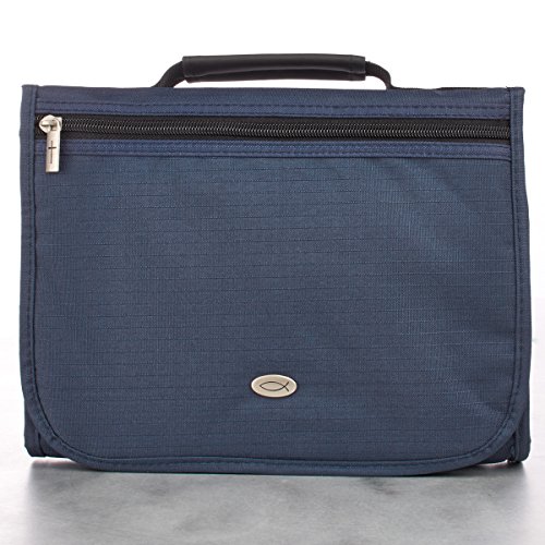 Jesus Fish Badge Navy Canvas Bible Cover for Men and Women | Large Zippered Tri-Fold Organizer Case for Bible or Book w/Handle