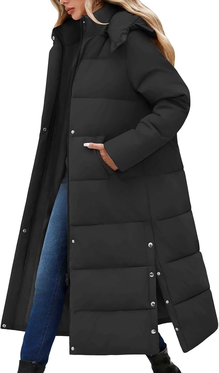 Jyanl Women Long Puffer Coat Maxi Thickened Quilted Padded Jacket Winter Warm Zip Parka Removable Hood Buttoned Slit Hem