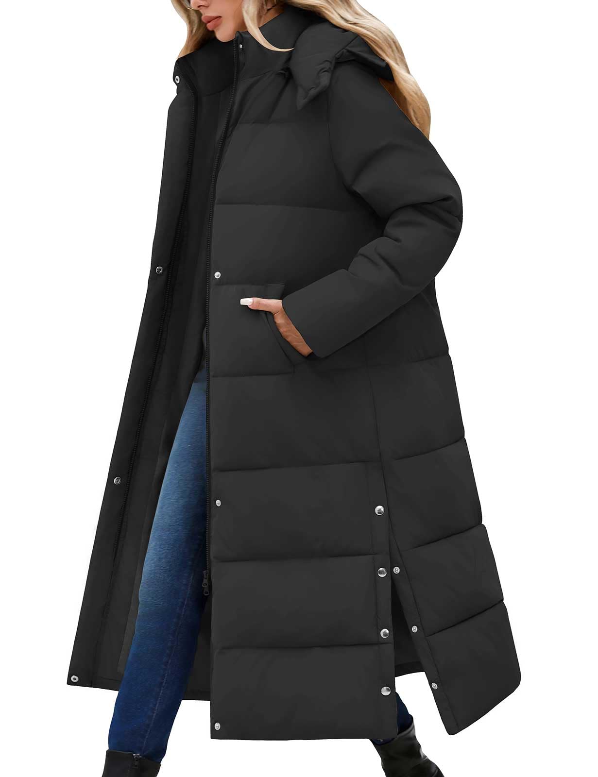 Manteau Femme Hiver Longue Doudoune Veste Matelassée Chaud Manteaux à Capuche Blouson Zippé Parka Long Jacket Casual Outercoat avec Poches