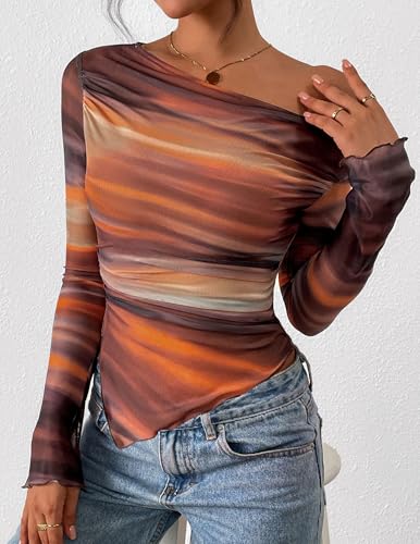 PRETTYGARDEN Womens Fall Trendy Off Shoulder Y2k Tops 2025 Tie Dye Mesh Long Sleeve Shirts Asymmetrical Ruched Floral Blouse4
