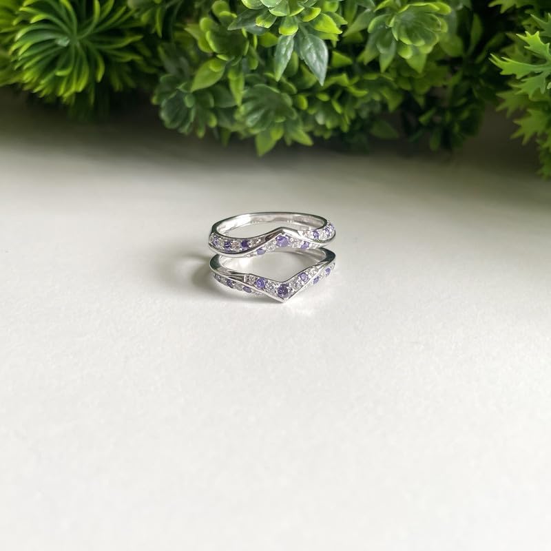 Purple Amethyst & White Diamond V Shaped Enhancer Guard For Women, 14k Gold Finish Amethyst Anniversary Wrap Ring, Anniversary Band