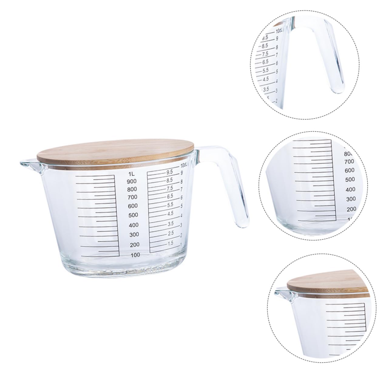 COLLBATH Tasse à Mesurer et Facile à Nettoyer Résistant la Chaleur en Verre avec Couvercle en Bois Réutilisable pour Mesurer Huile et Jus Cuisine