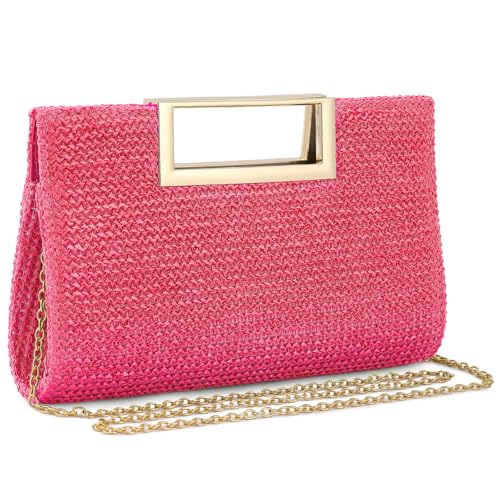 Image of Women's Straw Raffia Clutch Purse, Top Handle Woven Handbag with Crossbody Strap, Summer Beach Shoulder Bag