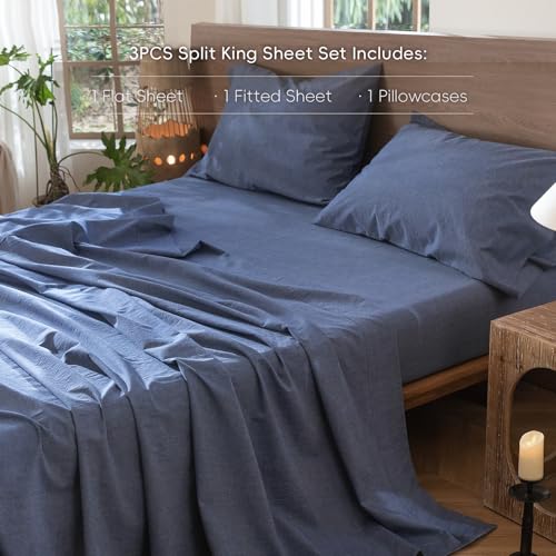 Image of MooMee Bedding Sheet Set 100% Washed Cotton Linen Like Textured Breathable Durable Soft Comfy (Heathered Blue, Twin)