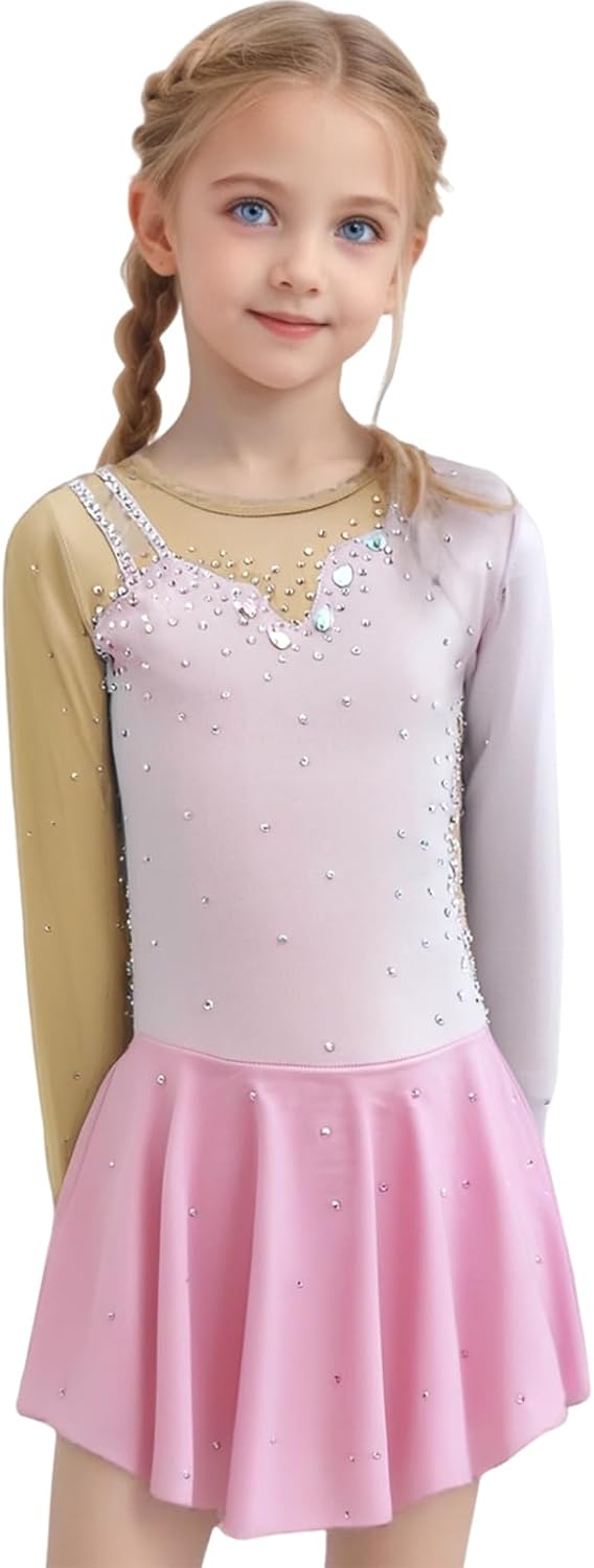 Figure Skating Dress Long Sleeve with Rhinestone Inlay Suitable for Adult and Girl Competitions and Performance