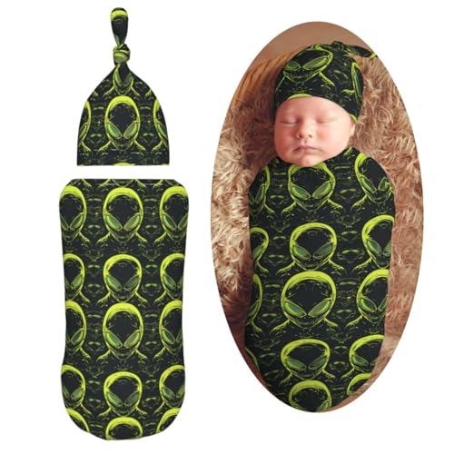 Image of Neon Green Aliens Head Newborn Swaddle Blankets Hat Sets Soft Baby Receiving Blanket Swaddle Sack for Baby Shower Infant Boy Girl Gift
