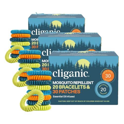 Image of Cliganic Mosquito Repellent Bracelet Stickers Pack for Kids & Adults Multi Color, Natural DEET-Free, Essential Oil Infused 20 Bands with 30 Patches, Citronella Scent (Pack of 3)