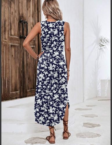 Image of Zeagoo Women Floral Summer Casual Beach Printed Tank Dress with Pockets Pleated Front Long Dress
