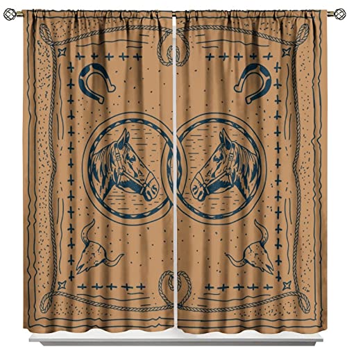 Wild West Blackout Curtains,Western Style Rope Cowhides Bandana Background Retro Cowboy Horseshoe Cow Skull Print Thermal Insulation Window Drapes for Kids Boys Bedroom 52x84in