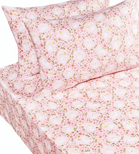 Image of Scientific Sleep Pink Flower Floral Rabbit Bunny 100% Cotton 4 Pcs Twin Bed Sheet Set Kids Toddler Teen, Flat Sheet & Fitted Sheet & Pillowcase Kids Bedding Set (Rabbit Flower, Full)