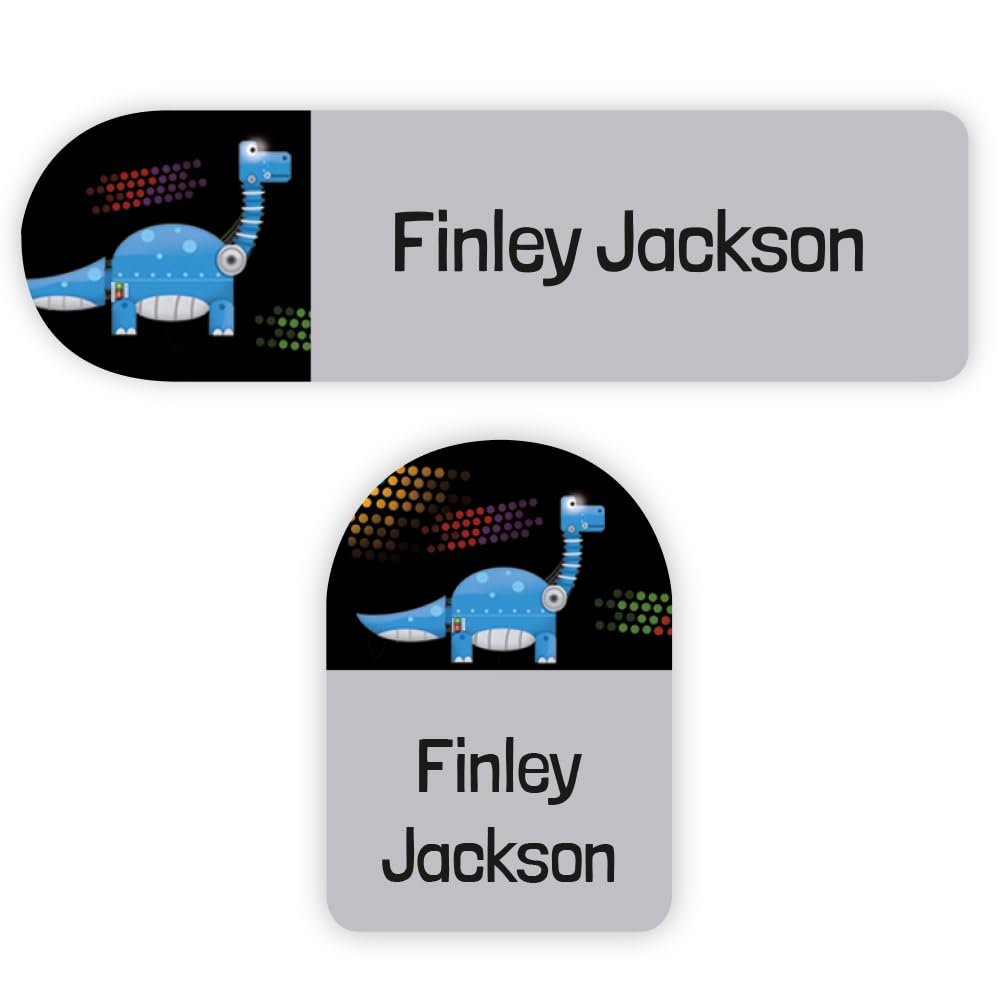 50 x No Iron Medium Personalised Stick On Waterproof Washable Name Labels Great for Clothes, School Uniform, Equipment, Shoes and More. School, Nursery, Day Care, Hospital - Robot Dinosaurs - Blue — image 1