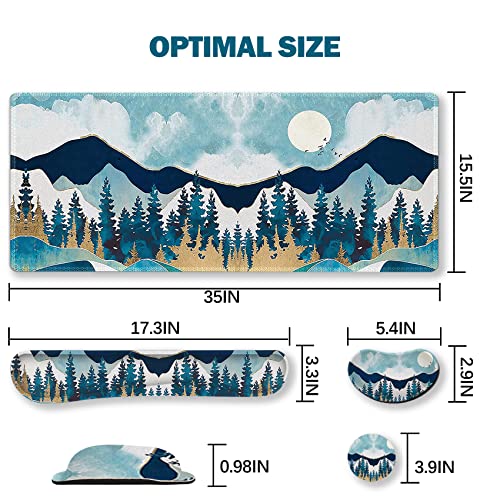 Image of ArtSo Large Gaming Mouse Pad Set, Keyboard Wrist Rest Support + Mouse Wrist Cushion + Extended Mousepad + Coaster, 35x15.5in Multifunctional Desk Mat, Abstract Mountain