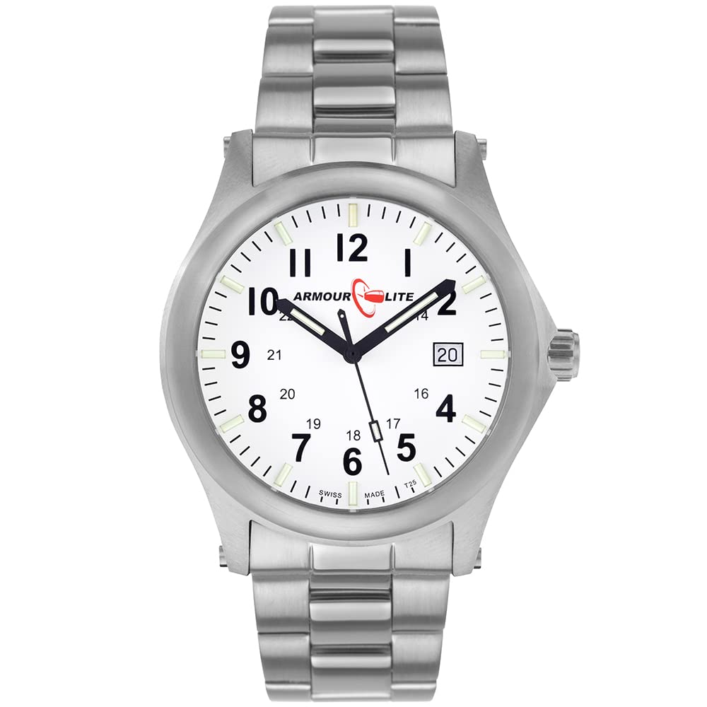 ArmourliteField Series Tritium Watch - 42mm - White Dial - Shatterproof Armourglass with Steel Band