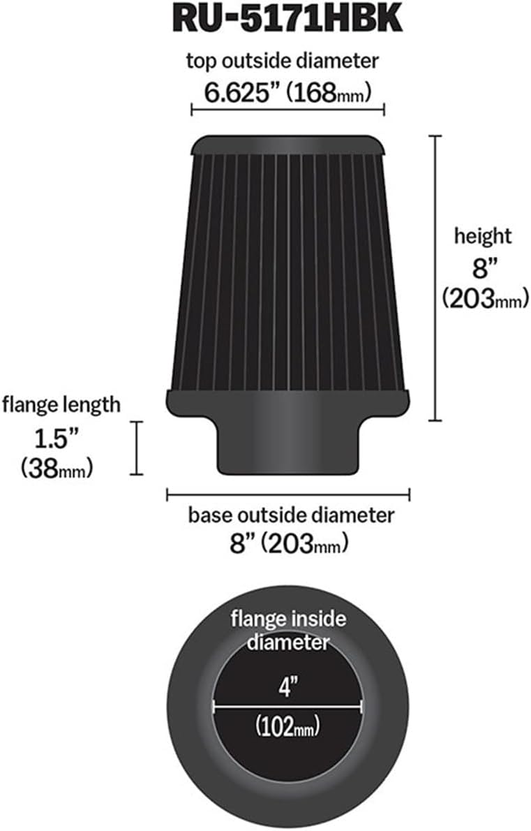 K&N Dryflow Lifetime Universal Clamp-On Air Filter: Dry Synthetic, Washable, Oil-Free: Flange Diameter: 4 In, Filter Height: 8 In, Flange Length: 1.5 In, Shape: Round Tapered, RU-5171HBK