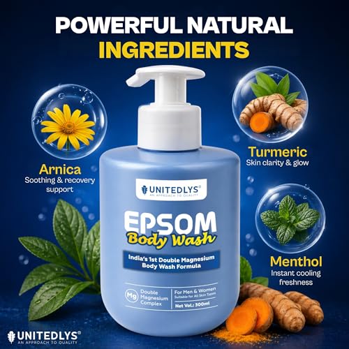 Image of UNITEDLYS Epsom Body Wash with India's 1st Double Magnesium Complex 300ML | Epsom Salt Refreshing Shower Gel for Recovery & Deep Cleansing | Menthol, Turmeric & Arnica Infused Formula | Suitable for All Skin Type