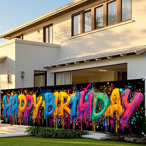 Image of Nuxovilar Happy Birthday Splashing Paint Banner 18x79 Polyester | Street Poster, Panoramic Sign splashing paint banner, spray art gate, porch, playroom (Paint Splash)