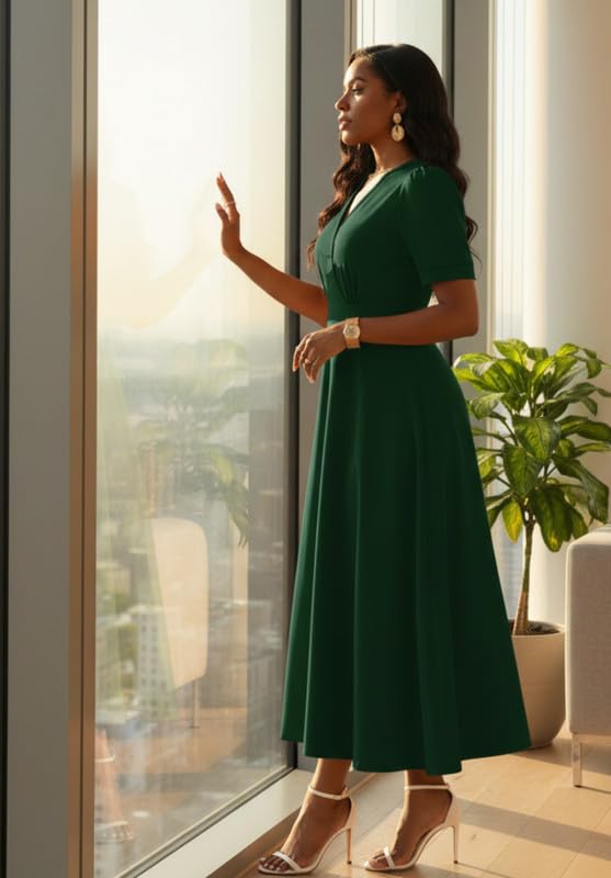 Image of MarryUP Women's Midi Dresses - V Neck Cocktail & Church Tea Dresses - Short Sleeve A-Line Swing Dress