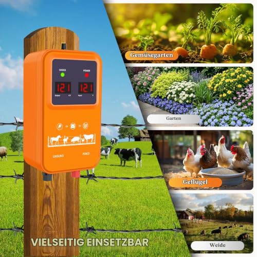 Weidezaungerät mit Weidezaun Seil 200 m, 15Km Reichweite 2 Joule 7 KV–13KV Einstellbare Elektrozaungerät für Weidezäune, Viehzaun, Eichhörnchen, verwendet für Gärten, Hühnerställe (Orange)