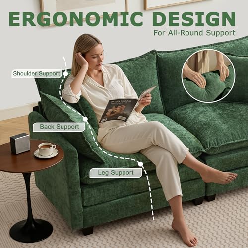 Image of 78 inch Modular Sectional Sofa, L Shaped Cloud Couch with Ottoman | Comfy Chenille Deep Seat Sofa with Throw Pillows, 3 Seat Modern Couches for Living Room Bedroom Apartment, Green, 78 inch L