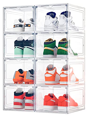 Tabiger 8 Pack Shoe Boxes Clear Plastic Stackable, Solid Shoe Box Storage Containers with Drop Front Magnetic Acrylic Door, Sneaker Shoe Box Organizers Shoe Box Storage Fit for Menâ€™s Size 12, Clear-White