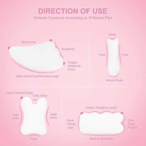 Vista 26 de airogym Herramienta de masaje Guasha, tabla de piedra natural Gua Sha, 4 piezas de piedra Guasha Scraping juegos de masaje para SPA acupuntura