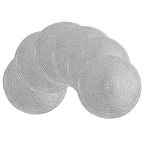 Image of SHACOS Silver Glitter Round Placemats Set of 6 Sparkle Bling Place Mats Glitz Table Mats for Holiday Home Party Wedding Festive Table Decoration (6, Silver)