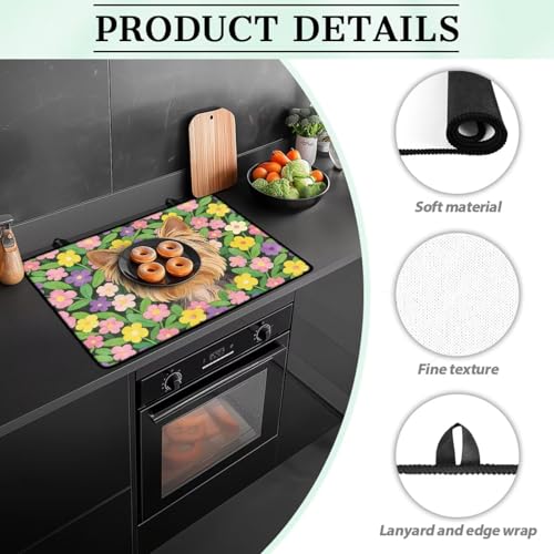 Image of Poceacles Stove Cover for Stovetop, Induction Electric Stove Top Protector Oil Resistant Heat Resistant Washer Dryer Top Mat, 29 inch x 21 inch, Yorkshire Terrier Puppy Yorkie Dog Floral Pattern