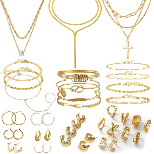 Image of Gold Jewelry Set for Women Gold Plated Chunky Layered Necklace Chain Bracelet Stackable Ring Hoop Earrings Jewelry Accessories Gifts
