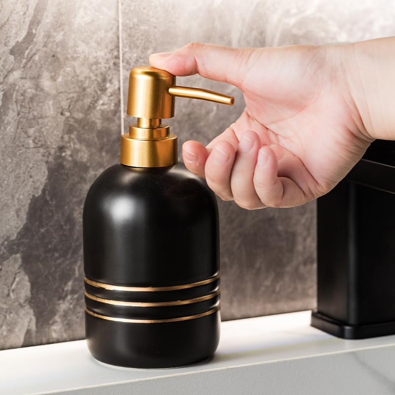 Elegant Cylinder-Shaped Soap Dispenser, Matte Ceramic Bottle Designed with Simple Golden Lines(Black) - Image 2