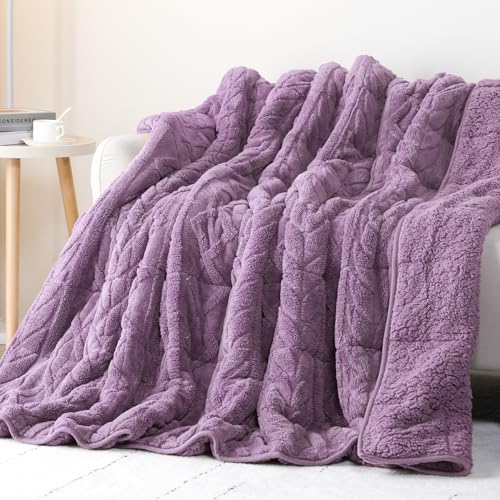 Cottonblue Jacquard Weighted Blanket 20 lbs for Adults Queen Twin Full Size, Fuzzy Sherpa Fleece Weighted Throw Blankets 60x80 in for Relax & Sleep, Cozy Heavy Bed Blankets with Cemaric Beads, Purple