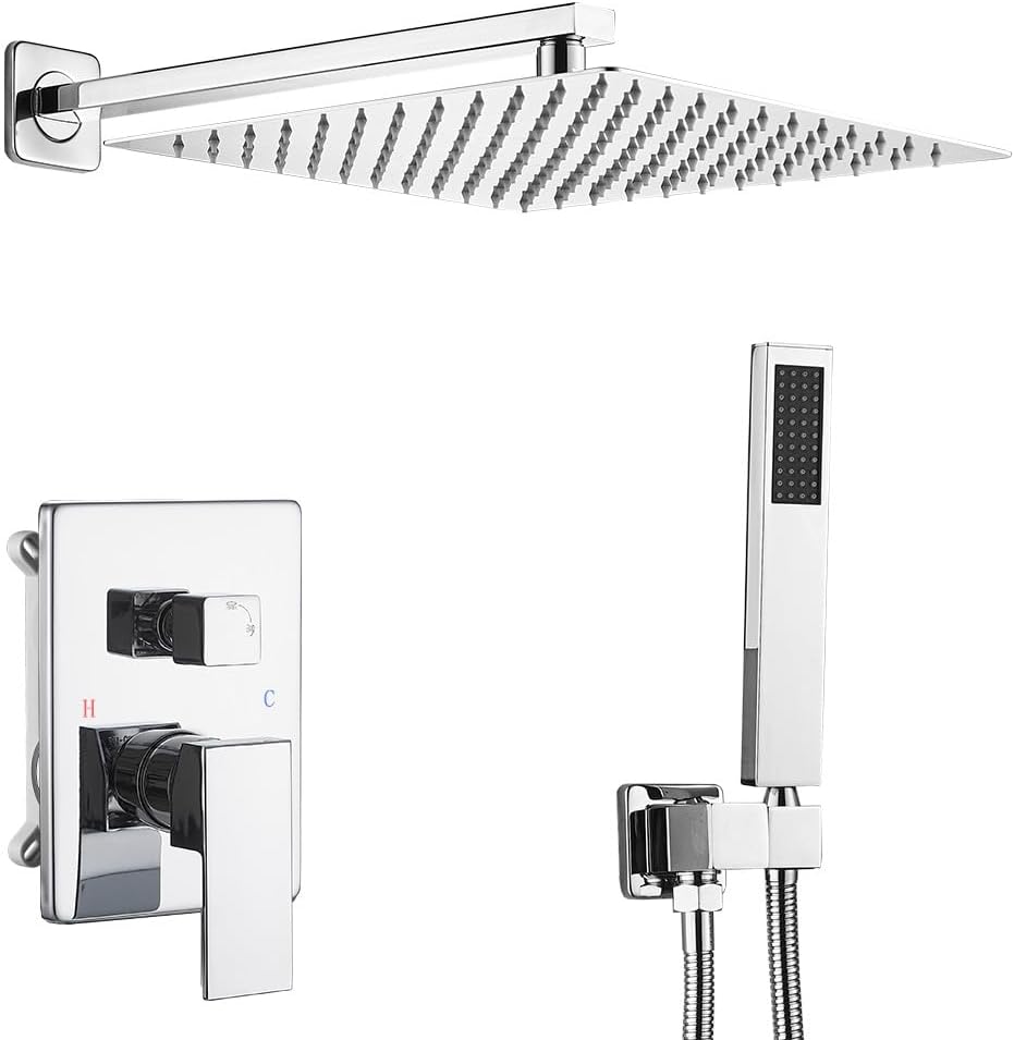 Polished Chrome Shower System 12 Inch Bathroom Luxury Rain Mixer Shower Combo Set Wall Mounted Rainfall Shower Head and Handheld System Shower Faucet Set Rough-in Valve Body and Trim Included Polished Chrome 12 Inch