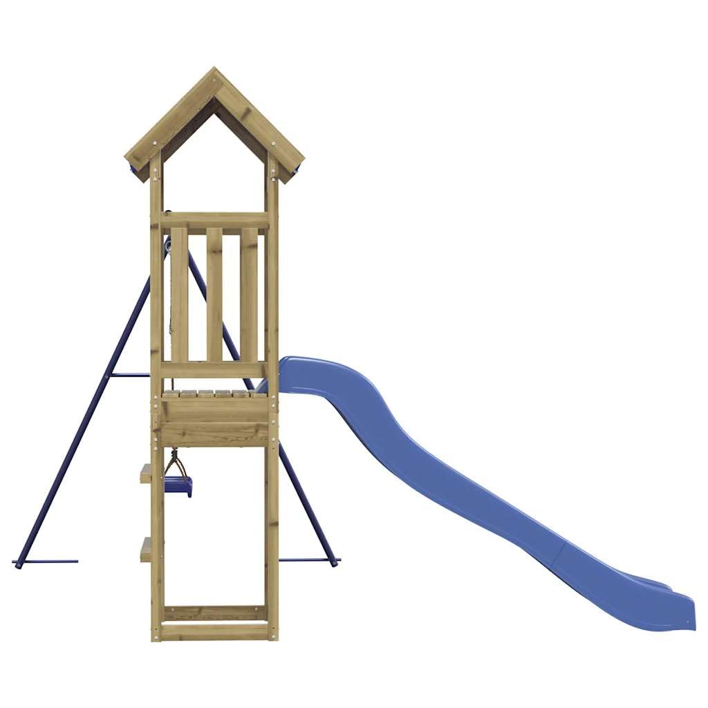 Torre da gioco in legno di pino impregnato con altalena, scivolo ondulato, sabbiera e struttura da arrampicata per bambini in giardino, stabile casetta per esterni con sedile, corda e trapezio