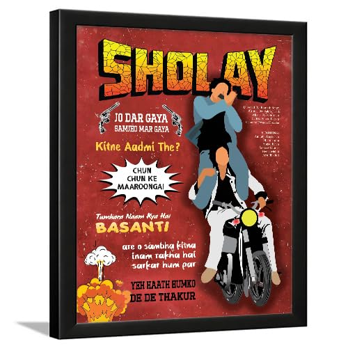 Chaka Chaundh - SHOLAY - Amitabh Bachchan, Dharmendra, Hema Malini, framed Poster - Bollywood Hindi cinema Movies Poster - (14 X 11 Inches)