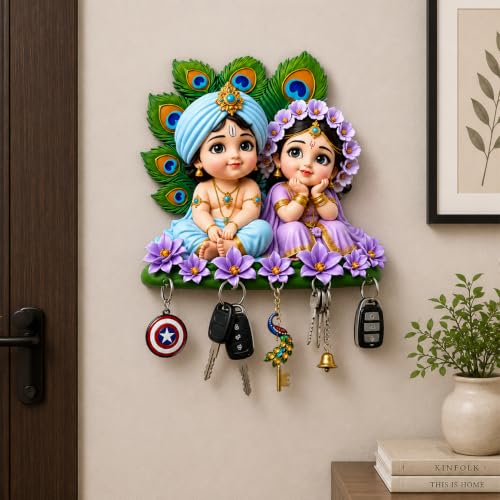 Image of Webelkart Premium Cute Radha Krishna Key Holder for Home /Office Decor | 3D UV Printed Wooden Key Hanger Decorative Key Chain Holder (10 x 10 Inches (Multi)