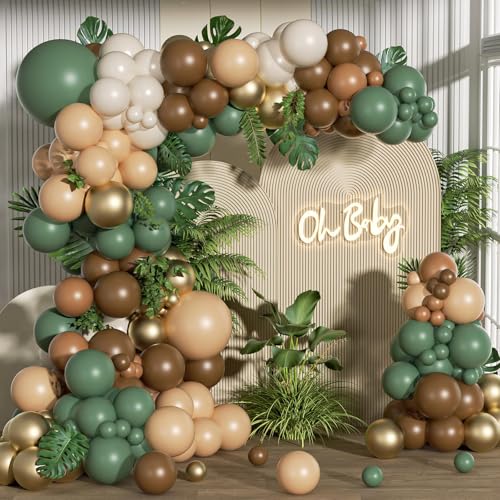 Image of 152pcs Sage Green Brown Balloon Garland Kit with Jungle Woodland Balloons | Two Wild One, Birthday, Wedding, Baby Shower Party Decorations