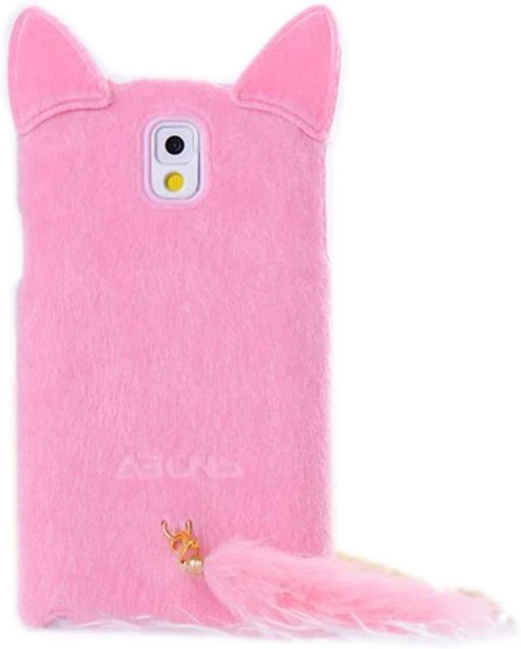 DE New Fashion Cartoon Animal Series Pink With Fluffy Plush Tail Fur Ear Cat Style Plush + TPU Soft Case Cover Shell Compatible for Samsung Galaxy Note 3 III N9000