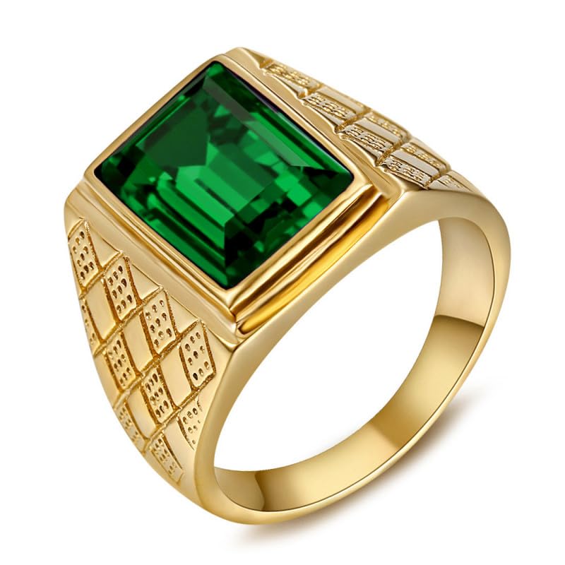 BOBIJOO Jewelry - Bague Chevalière Homme Pierre Verte Emeraude Acier Inoxydable Or Doré Plaqué - 58 (8 US)